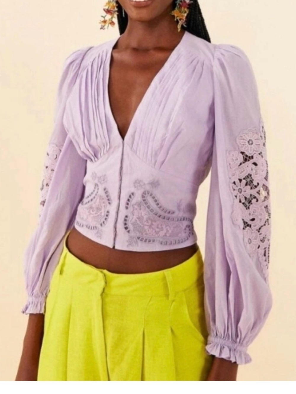 FARM Rio Lavender Pintuck V-Neck Lace Sleeve Blouse